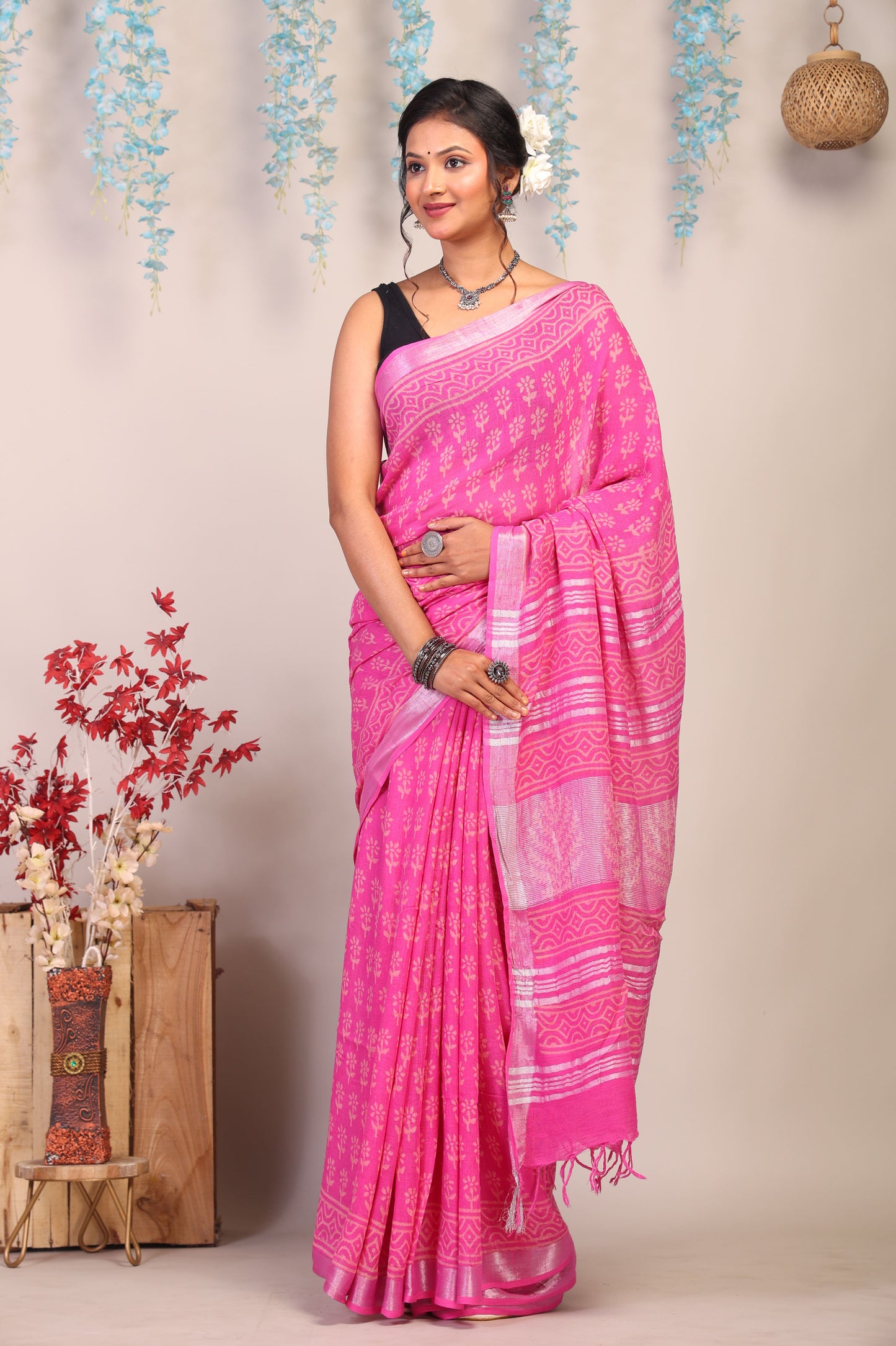 Anuttara Bhagalpuri Pink Cotton Linen Hand Block Saree with Blouse_AFS1088-FS