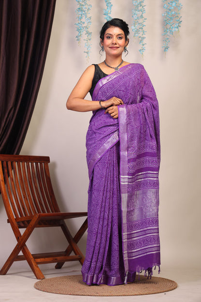 Anuttara Bhagalpuri Purple Cotton Linen Hand Block Saree with Blouse_AFS1089-FS