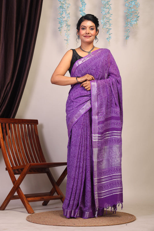 Anuttara Bhagalpuri Purple Cotton Linen Hand Block Saree with Blouse_AFS1089-FS