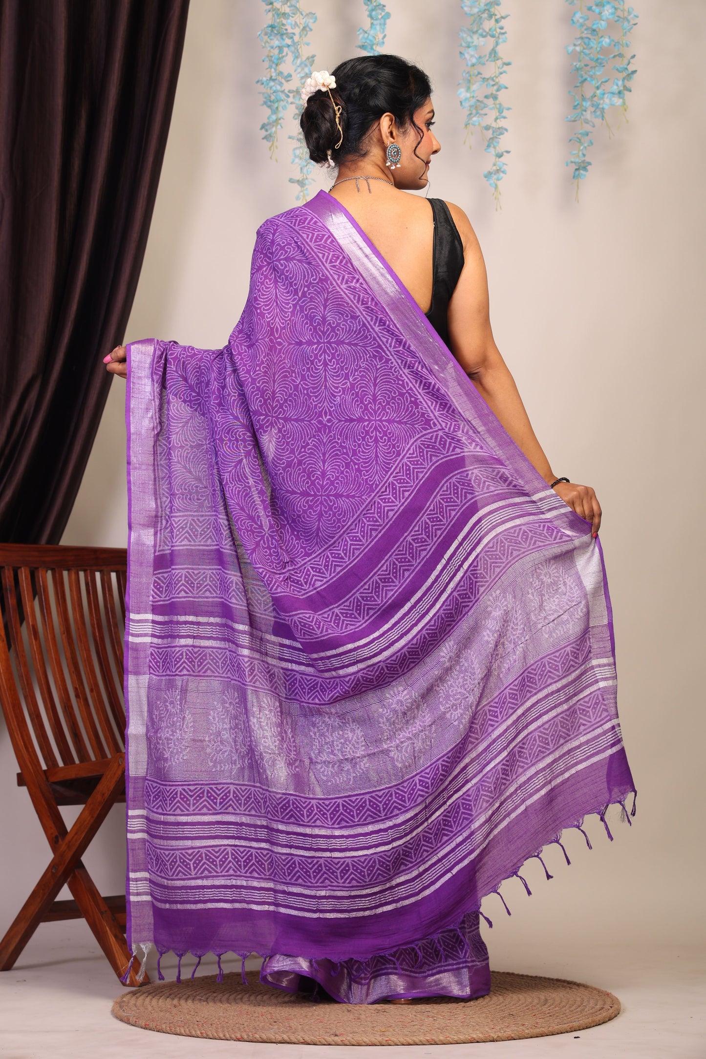 Anuttara Bhagalpuri Purple Cotton Linen Hand Block Saree with Blouse_AFS1089-FS