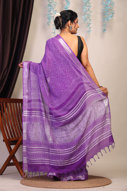 Anuttara Bhagalpuri Purple Cotton Linen Hand Block Saree with Blouse_AFS1089-FS