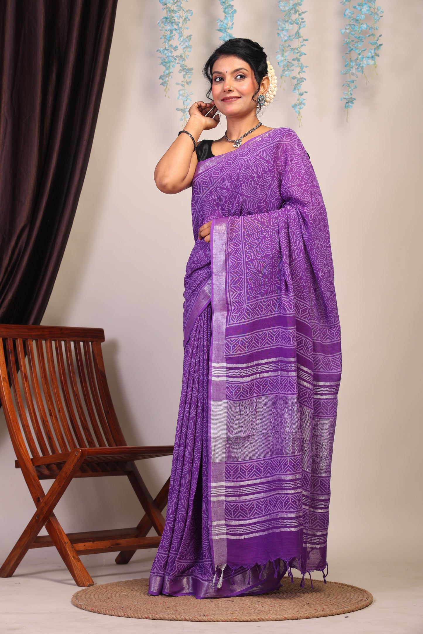 Anuttara Bhagalpuri Purple Cotton Linen Hand Block Saree with Blouse_AFS1089-FS