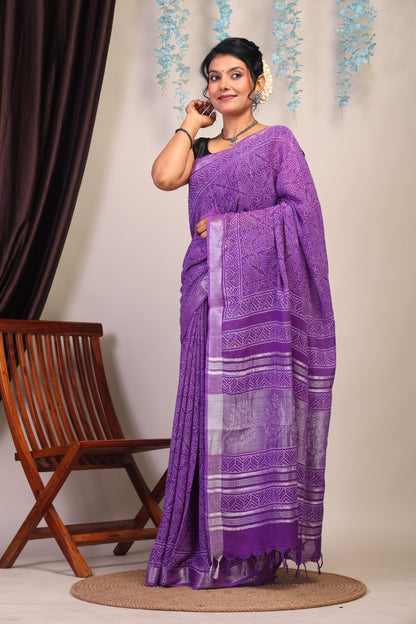 Anuttara Bhagalpuri Purple Cotton Linen Hand Block Saree with Blouse_AFS1089-FS