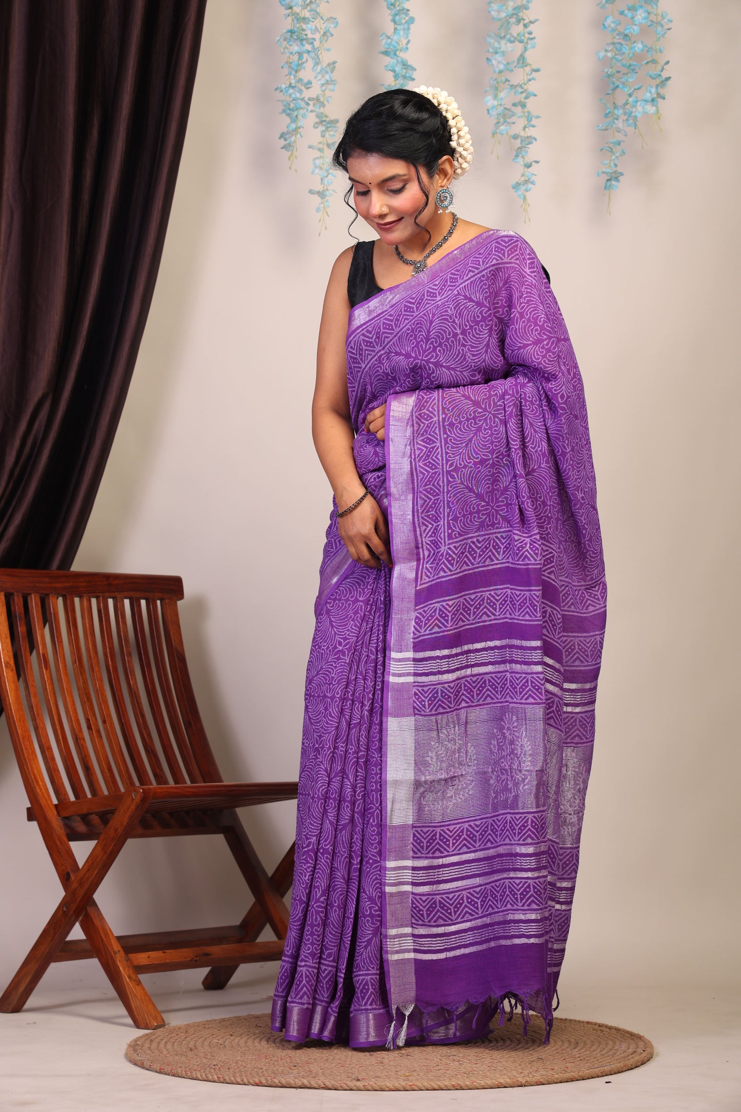 Anuttara Bhagalpuri Purple Cotton Linen Hand Block Saree with Blouse_AFS1089-FS