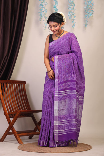 Anuttara Bhagalpuri Purple Cotton Linen Hand Block Saree with Blouse_AFS1089-FS