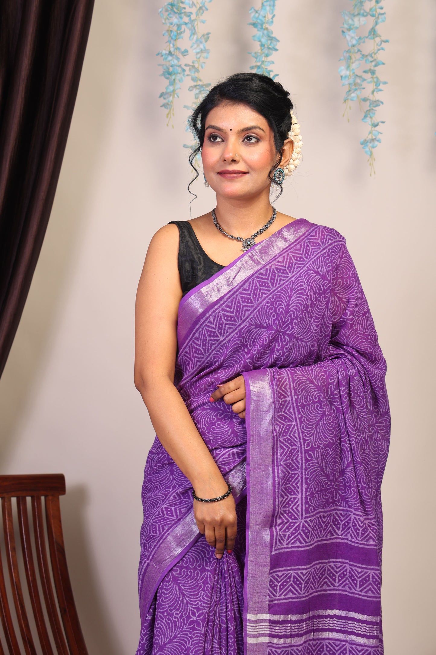 Anuttara Bhagalpuri Purple Cotton Linen Hand Block Saree with Blouse_AFS1089-FS