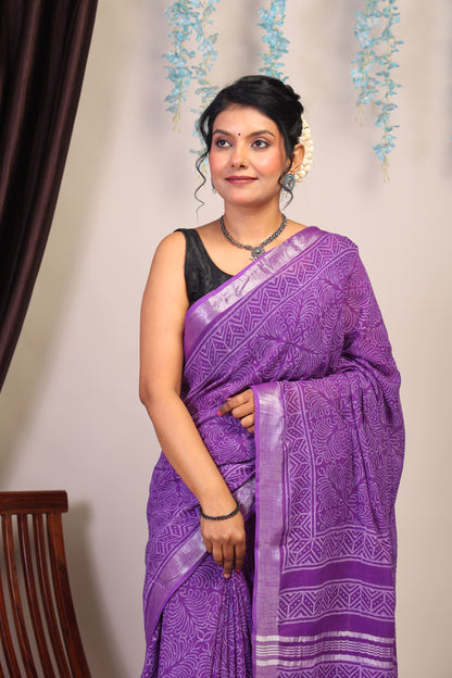 Anuttara Bhagalpuri Purple Cotton Linen Hand Block Saree with Blouse_AFS1089-FS