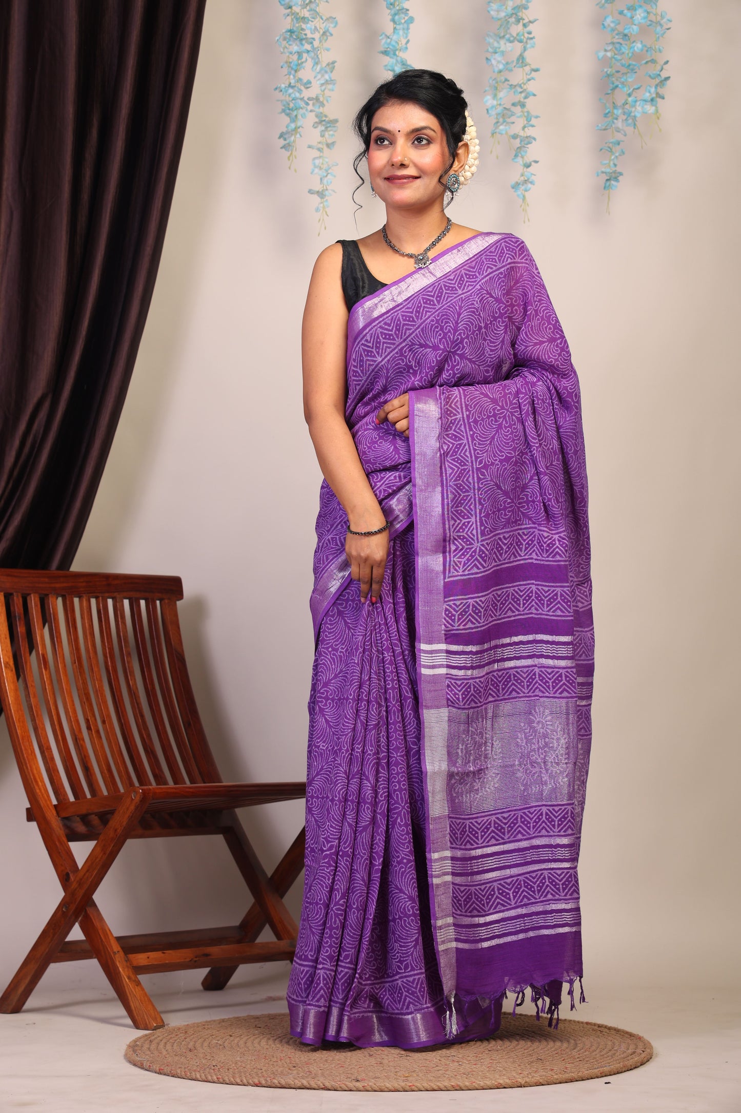 Anuttara Bhagalpuri Purple Cotton Linen Hand Block Saree with Blouse_AFS1089-FS