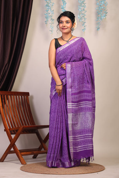 Anuttara Bhagalpuri Purple Cotton Linen Hand Block Saree with Blouse_AFS1089-FS