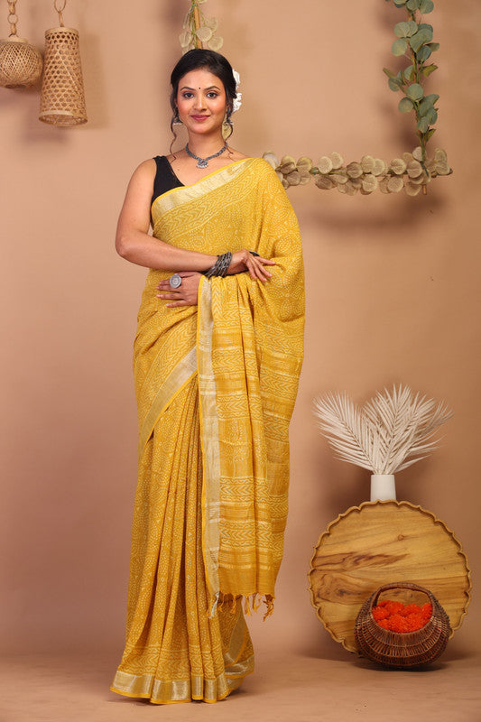 Anuttara Bhagalpuri Yellow Cotton Linen Hand Block Saree with Blouse_AFS1090-FS