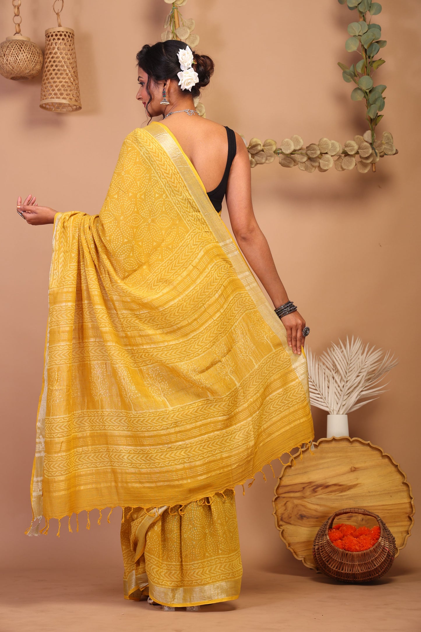 Anuttara Bhagalpuri Yellow Cotton Linen Hand Block Saree with Blouse_AFS1090-FS