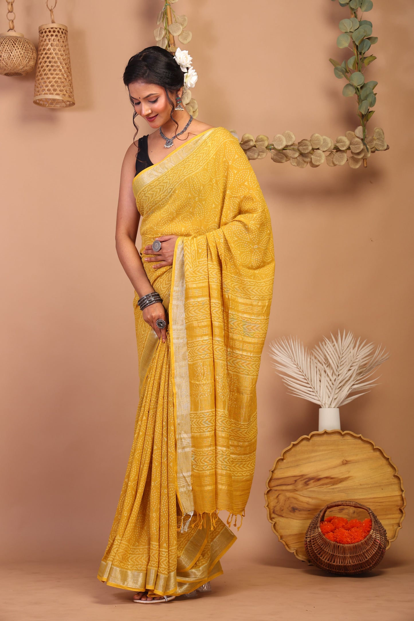 Anuttara Bhagalpuri Yellow Cotton Linen Hand Block Saree with Blouse_AFS1090-FS