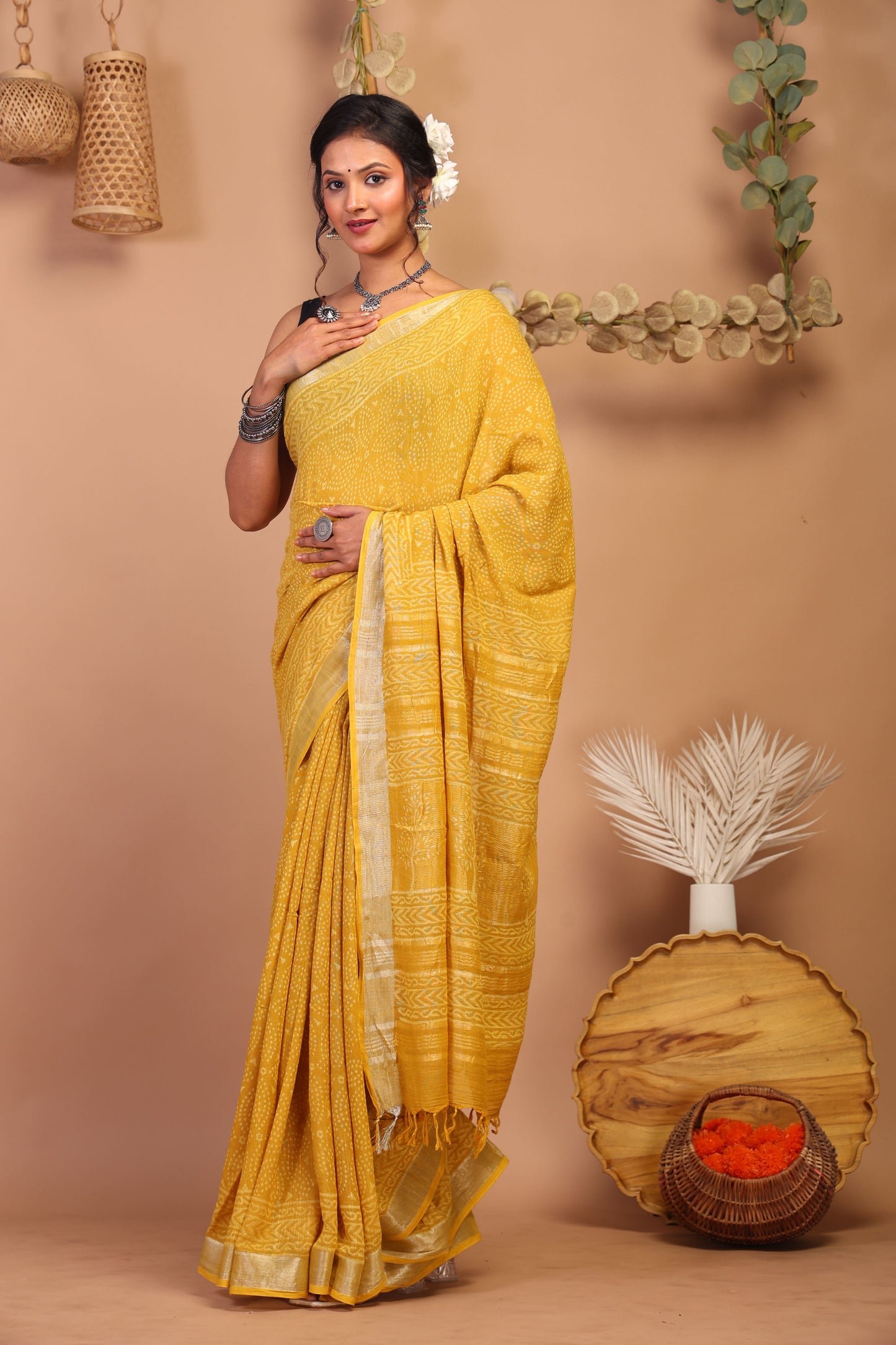 Anuttara Bhagalpuri Yellow Cotton Linen Hand Block Saree with Blouse_AFS1090-FS