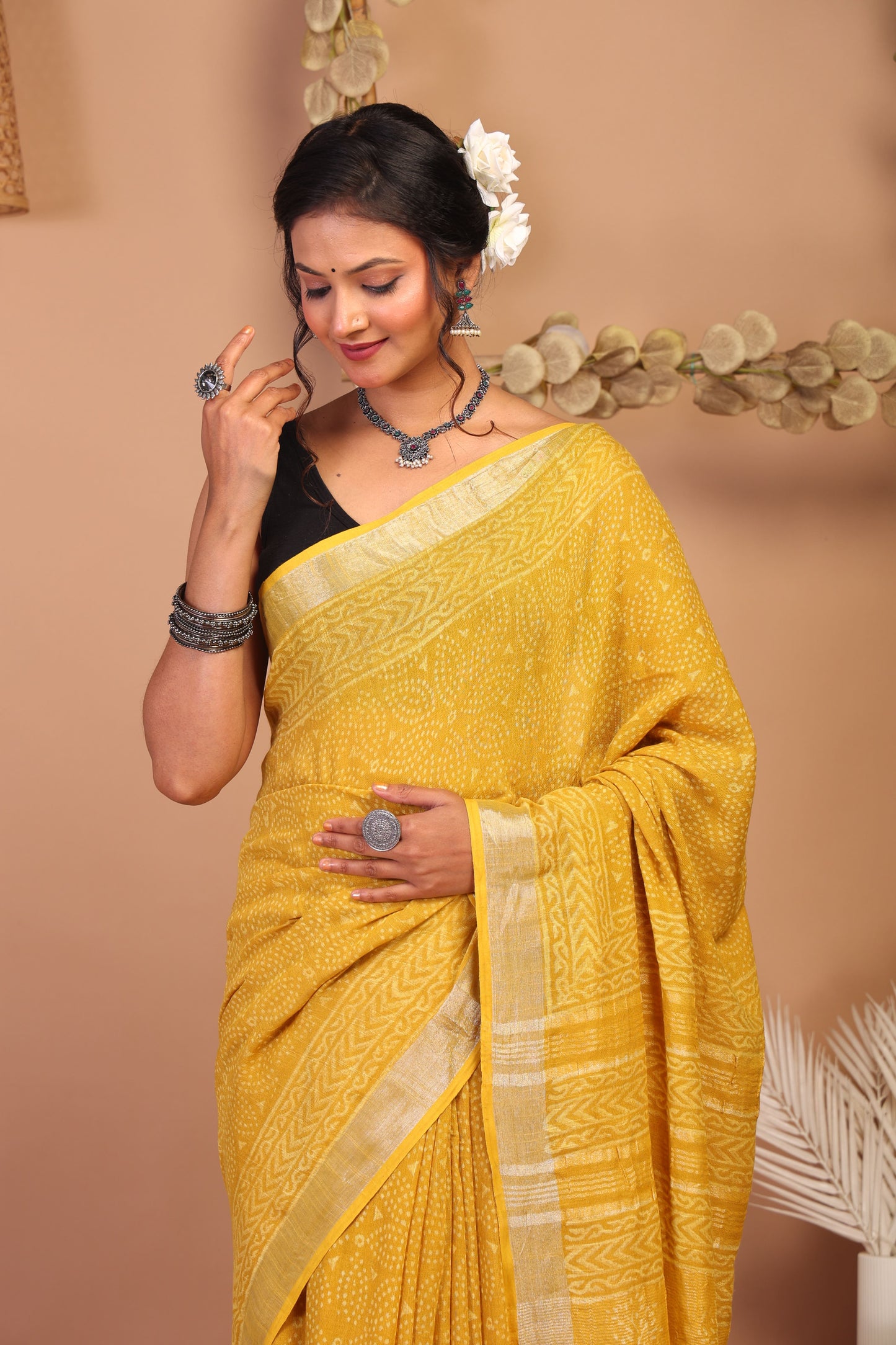 Anuttara Bhagalpuri Yellow Cotton Linen Hand Block Saree with Blouse_AFS1090-FS