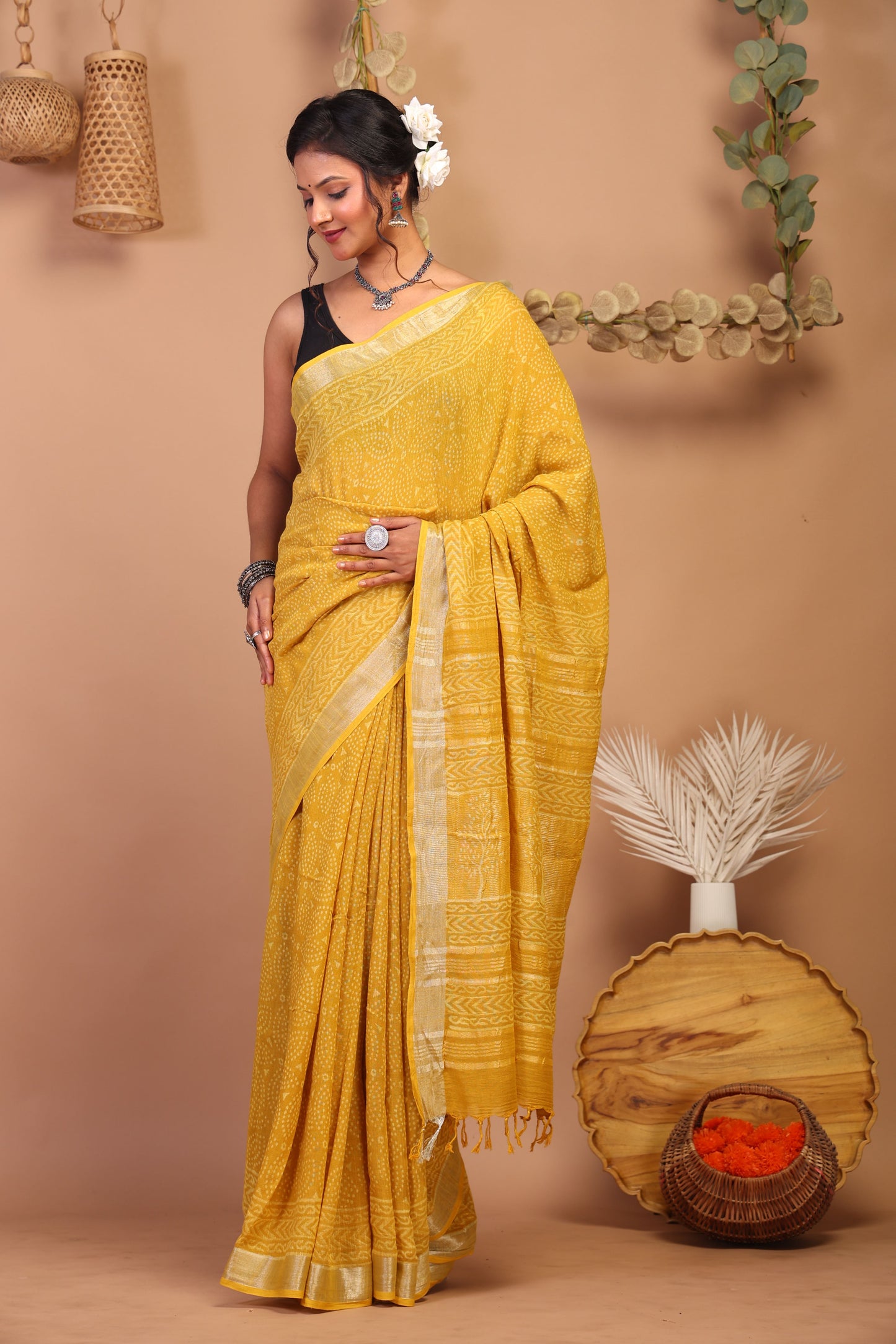 Anuttara Bhagalpuri Yellow Cotton Linen Hand Block Saree with Blouse_AFS1090-FS