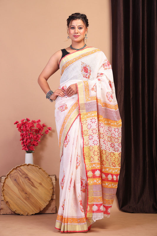 Anuttara Bhagalpuri Multicolor Cotton Linen Hand Block Saree with Blouse_AFS1094-FS