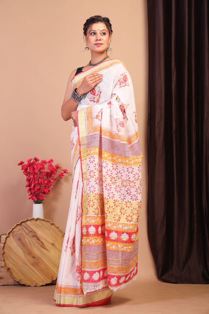 Anuttara Bhagalpuri Multicolor Cotton Linen Hand Block Saree with Blouse_AFS1094-FS