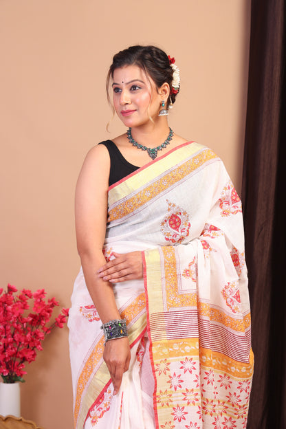 Anuttara Bhagalpuri Multicolor Cotton Linen Hand Block Saree with Blouse_AFS1094-FS