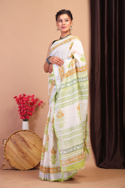 Anuttara Bhagalpuri Multicolor Cotton Linen Hand Block Saree with Blouse_AFS1097-FS
