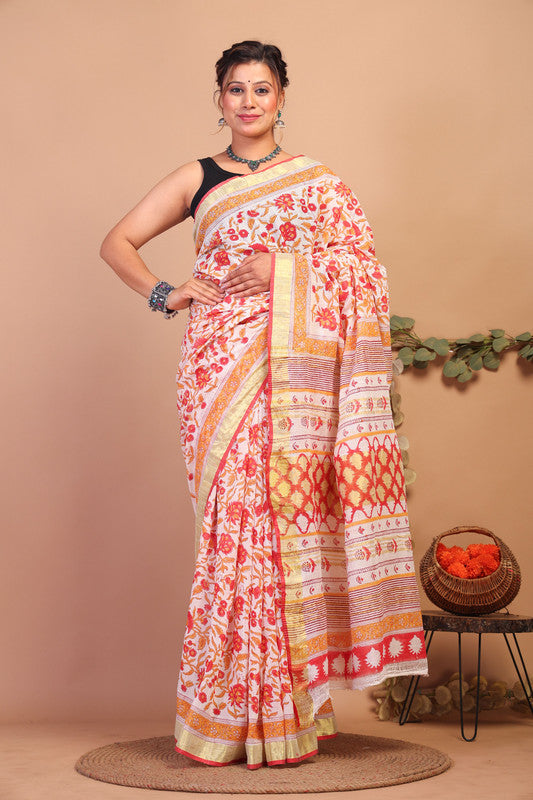Anuttara Bhagalpuri Multicolor Cotton Linen Hand Block Saree with Blouse_AFS1099-FS