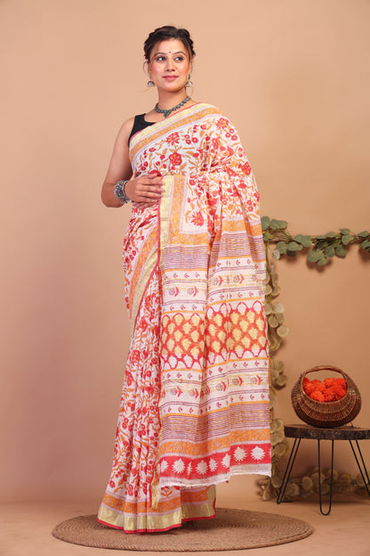 Anuttara Bhagalpuri Multicolor Cotton Linen Hand Block Saree with Blouse_AFS1099-FS