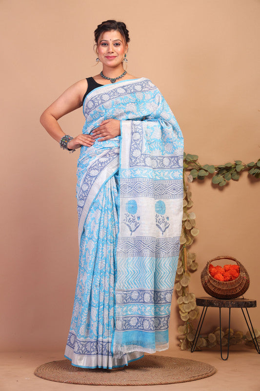 Anuttara Bhagalpuri Sky Blue Cotton Linen Hand Block Saree with Blouse_AFS1100-FS