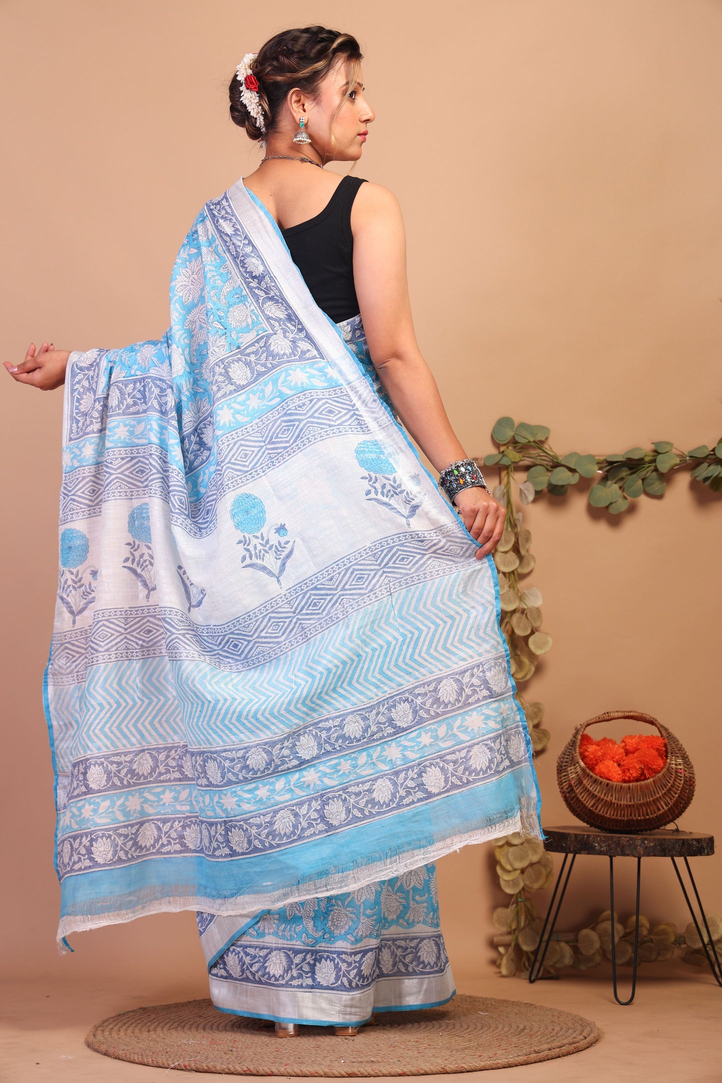 Anuttara Bhagalpuri Sky Blue Cotton Linen Hand Block Saree with Blouse_AFS1100-FS