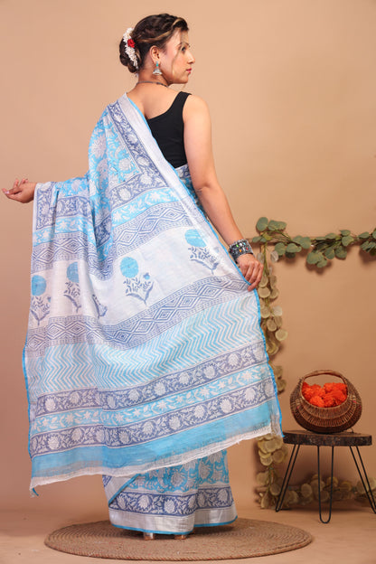 Anuttara Bhagalpuri Sky Blue Cotton Linen Hand Block Saree with Blouse_AFS1100-FS