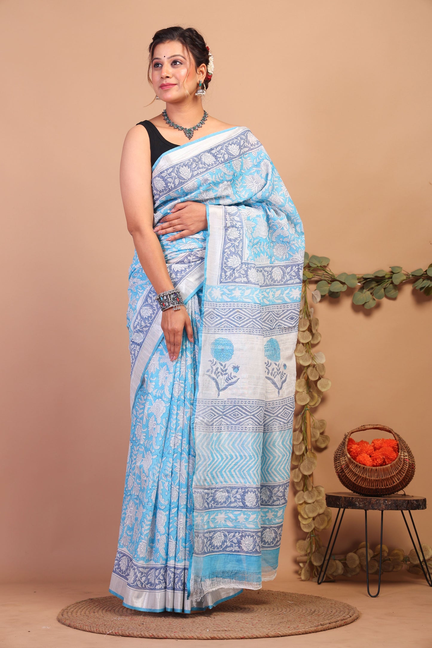 Anuttara Bhagalpuri Sky Blue Cotton Linen Hand Block Saree with Blouse_AFS1100-FS