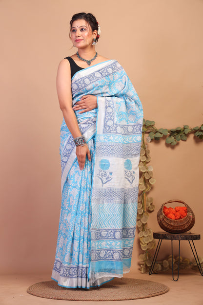 Anuttara Bhagalpuri Sky Blue Cotton Linen Hand Block Saree with Blouse_AFS1100-FS