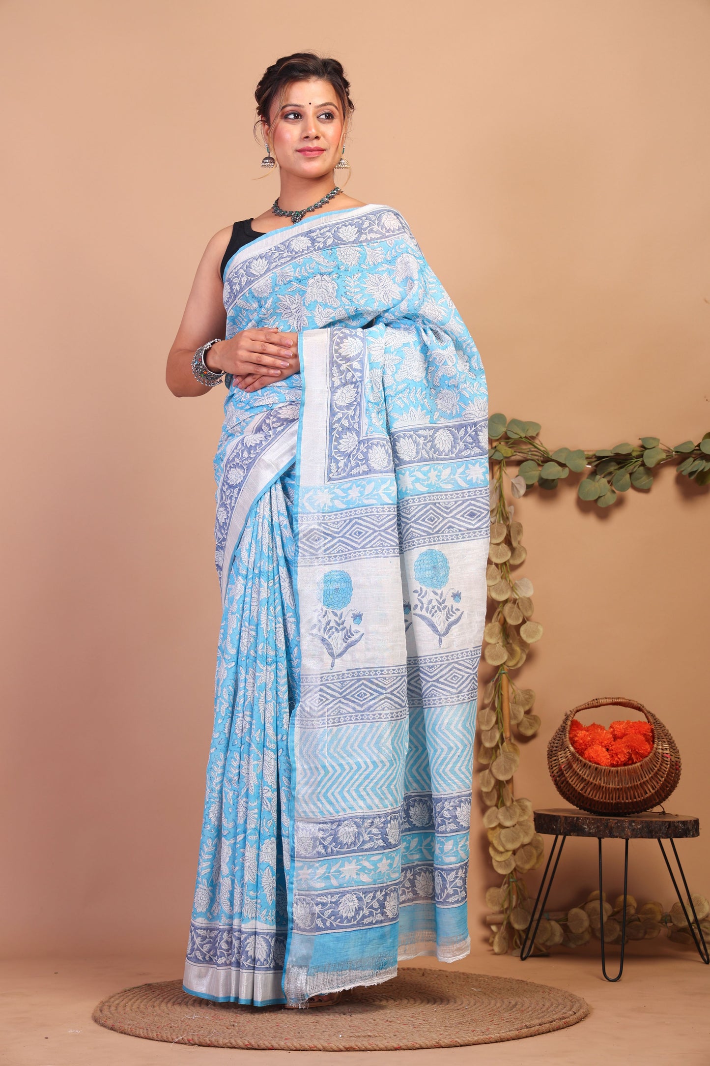 Anuttara Bhagalpuri Sky Blue Cotton Linen Hand Block Saree with Blouse_AFS1100-FS