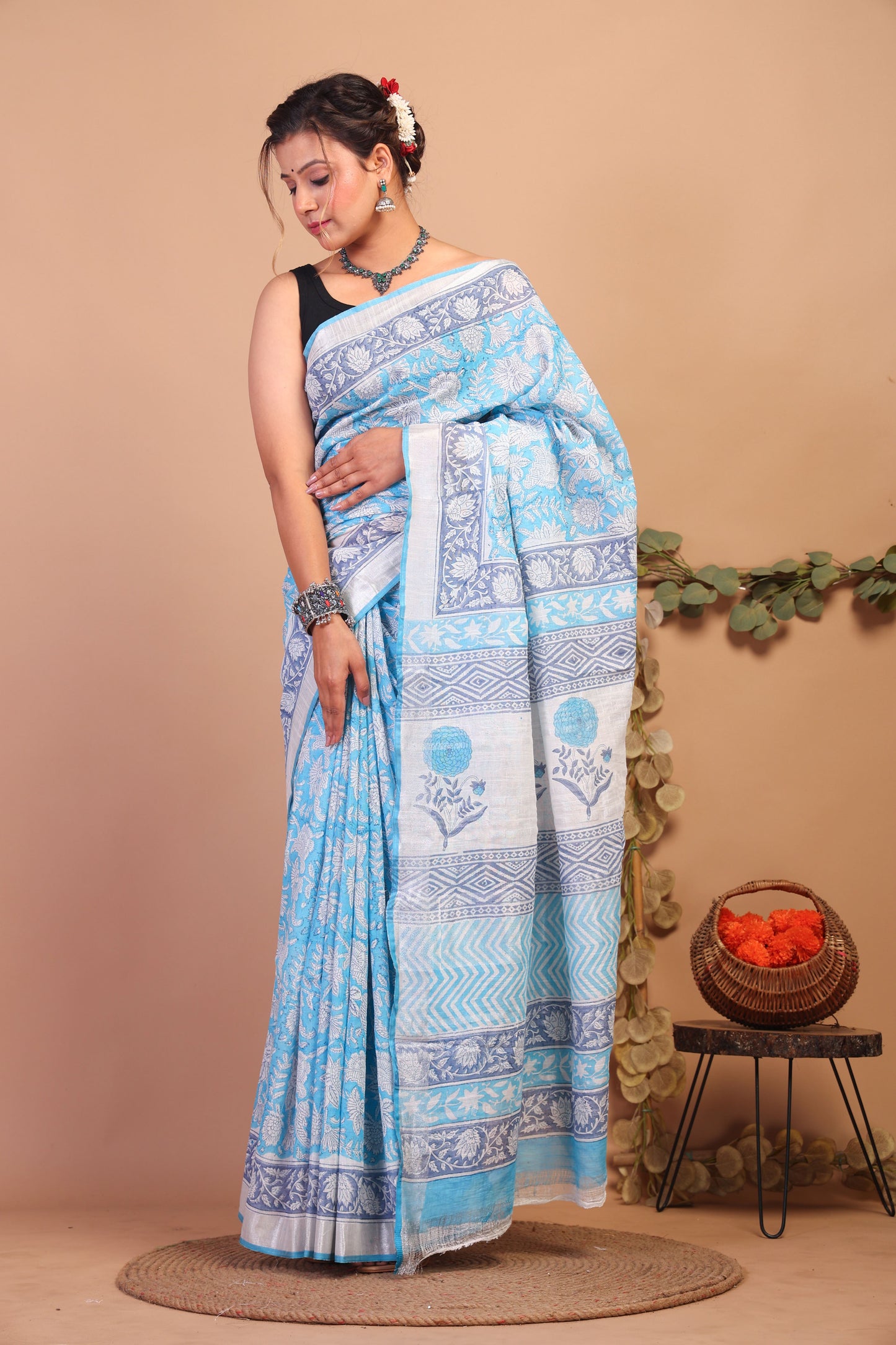 Anuttara Bhagalpuri Sky Blue Cotton Linen Hand Block Saree with Blouse_AFS1100-FS