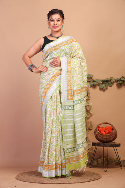 Anuttara Bhagalpuri Lime Green Cotton Linen Hand Block Saree with Blouse_AFS1101-FS