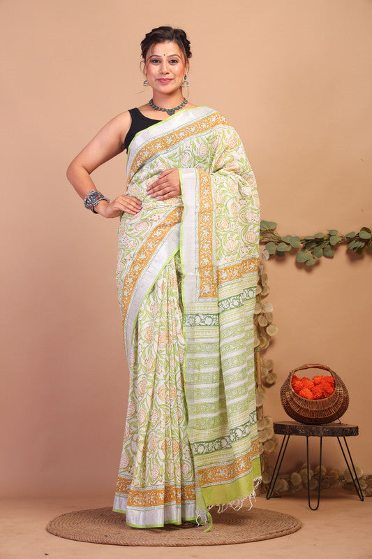 Anuttara Bhagalpuri Lime Green Cotton Linen Hand Block Saree with Blouse_AFS1101-FS