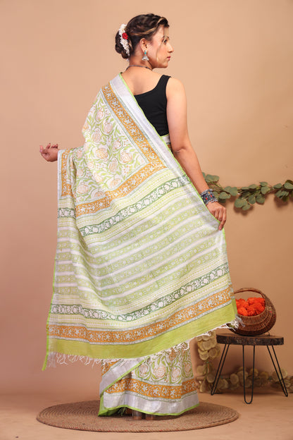 Anuttara Bhagalpuri Lime Green Cotton Linen Hand Block Saree with Blouse_AFS1101-FS