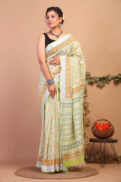 Anuttara Bhagalpuri Lime Green Cotton Linen Hand Block Saree with Blouse_AFS1101-FS