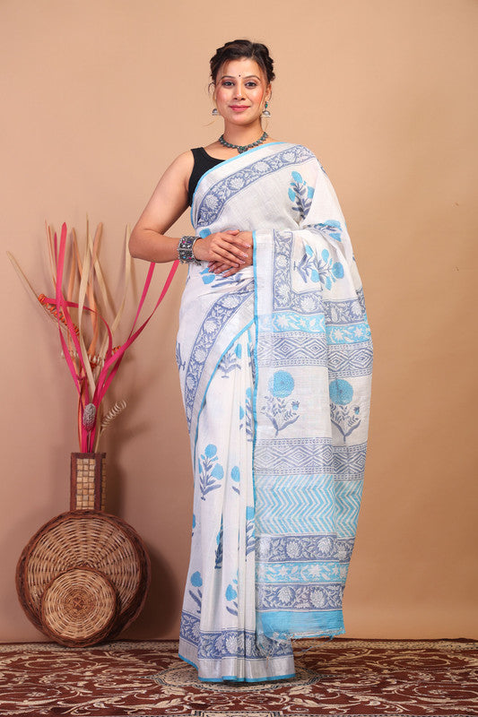 Anuttara Bhagalpuri White:Blue Cotton Linen Hand Block Saree with Blouse_AFS1102-FS