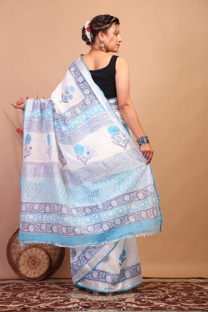 Anuttara Bhagalpuri White:Blue Cotton Linen Hand Block Saree with Blouse_AFS1102-FS