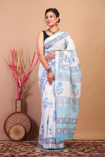 Anuttara Bhagalpuri White:Blue Cotton Linen Hand Block Saree with Blouse_AFS1102-FS
