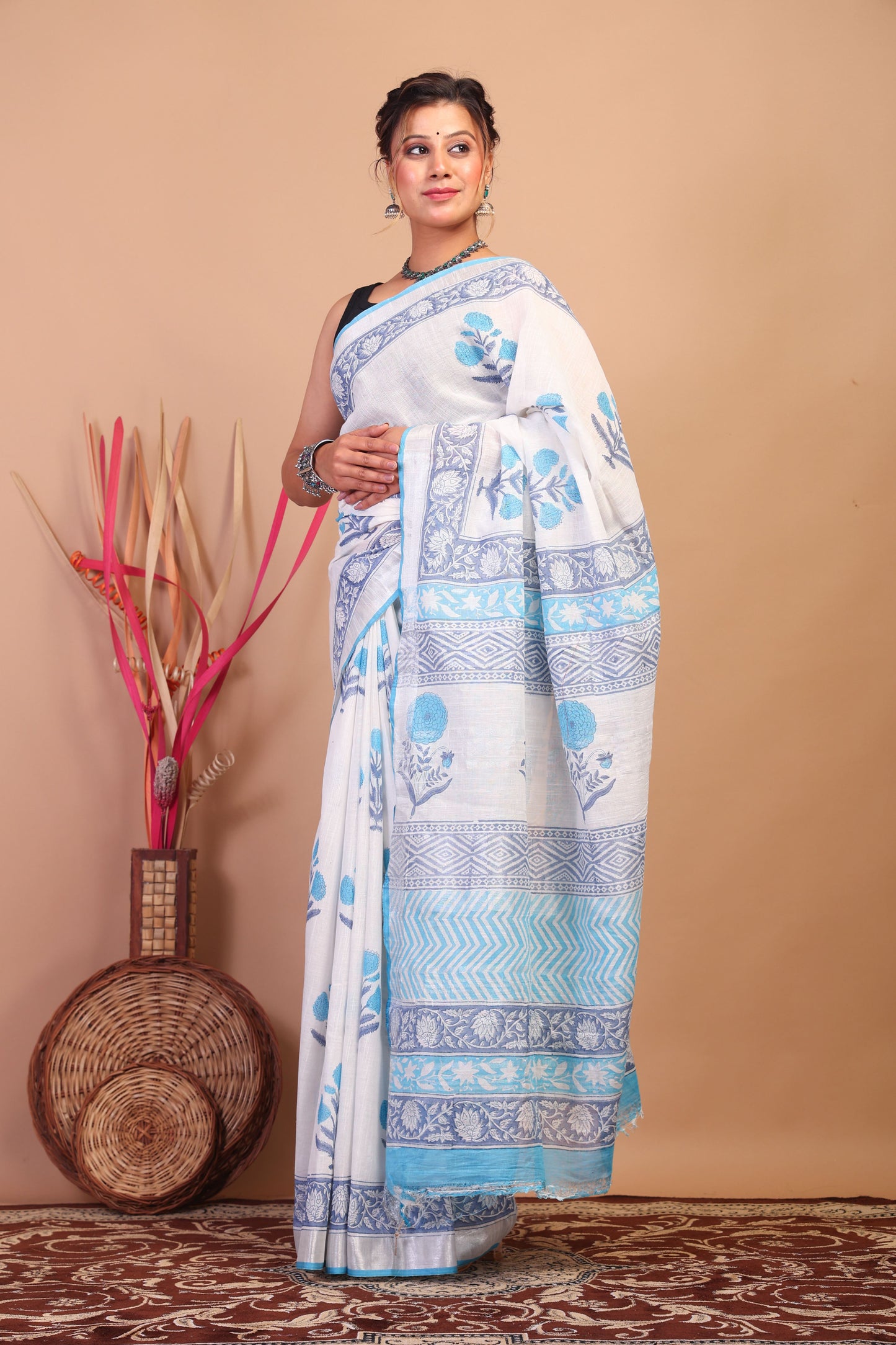 Anuttara Bhagalpuri White:Blue Cotton Linen Hand Block Saree with Blouse_AFS1102-FS