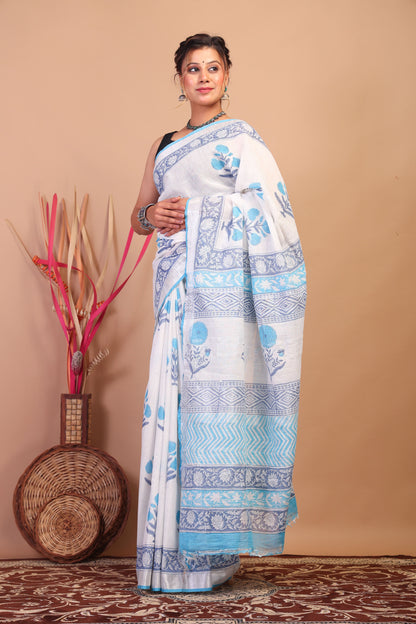 Anuttara Bhagalpuri White:Blue Cotton Linen Hand Block Saree with Blouse_AFS1102-FS