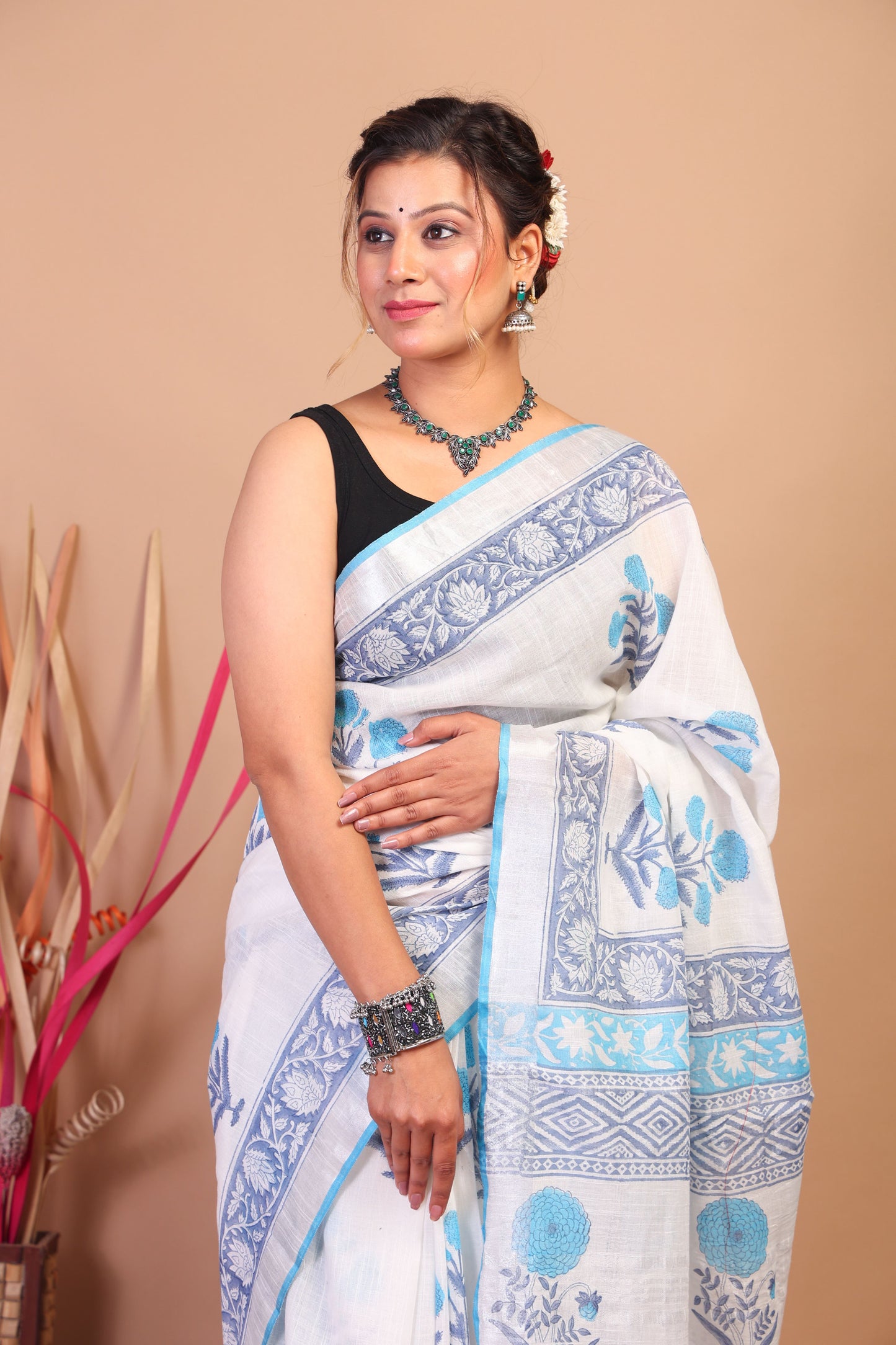 Anuttara Bhagalpuri White:Blue Cotton Linen Hand Block Saree with Blouse_AFS1102-FS