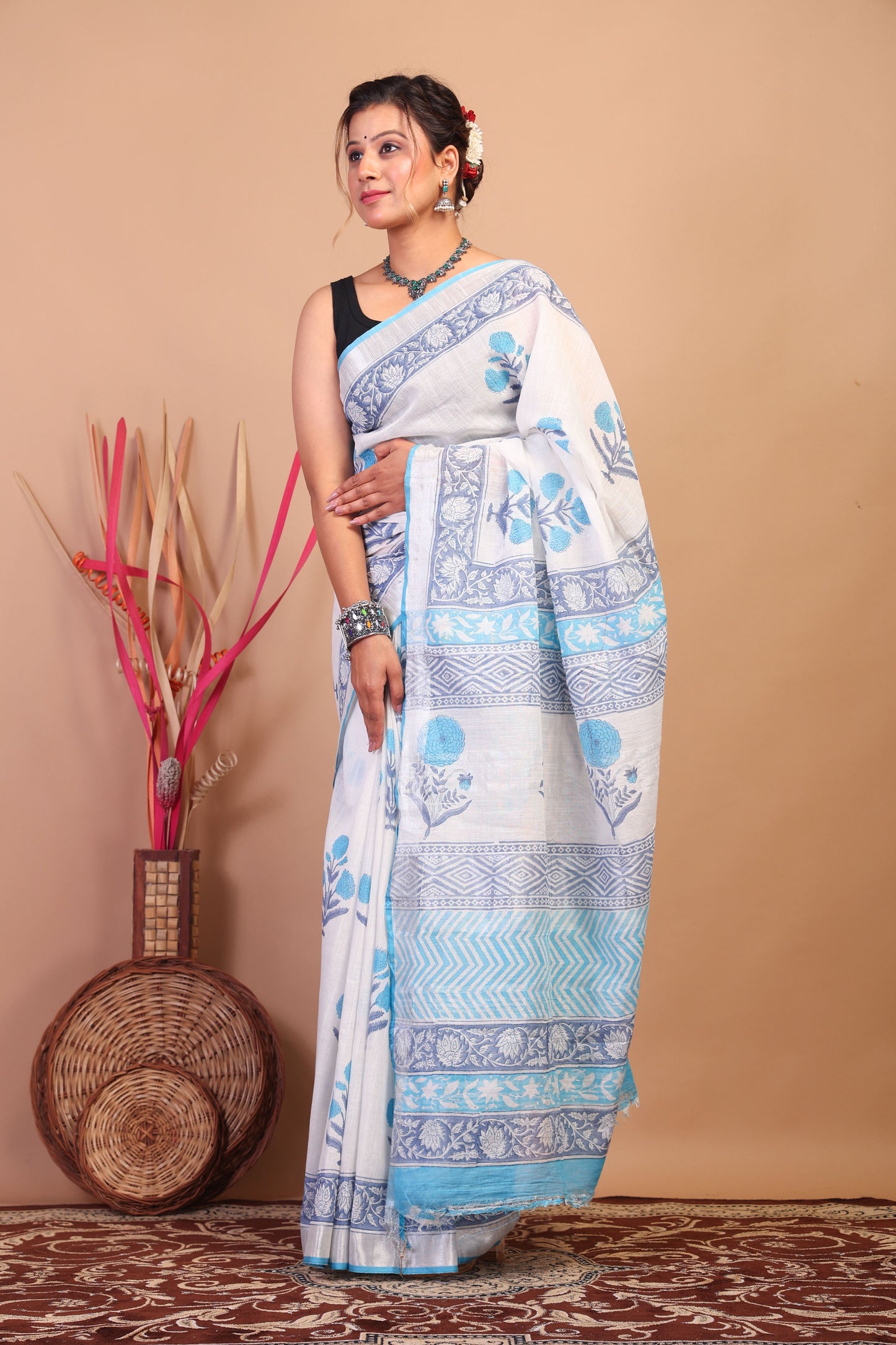 Anuttara Bhagalpuri White:Blue Cotton Linen Hand Block Saree with Blouse_AFS1102-FS