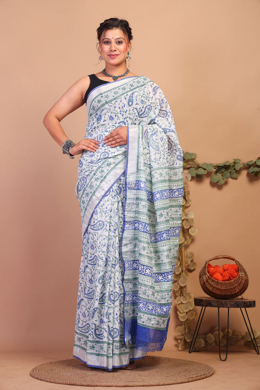 Anuttara Bhagalpuri Multicolor Cotton Linen Hand Block Saree with Blouse_AFS1103-FS