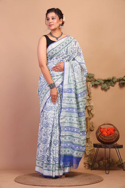 Anuttara Bhagalpuri Multicolor Cotton Linen Hand Block Saree with Blouse_AFS1103-FS