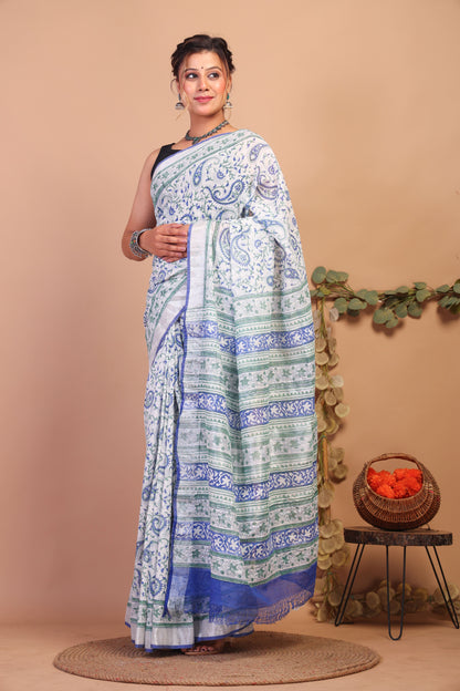 Anuttara Bhagalpuri Multicolor Cotton Linen Hand Block Saree with Blouse_AFS1103-FS