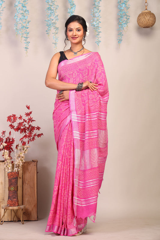 Anuttara Bhagalpuri Pink Cotton Linen Hand Block Saree with Blouse_AFS1105-FS