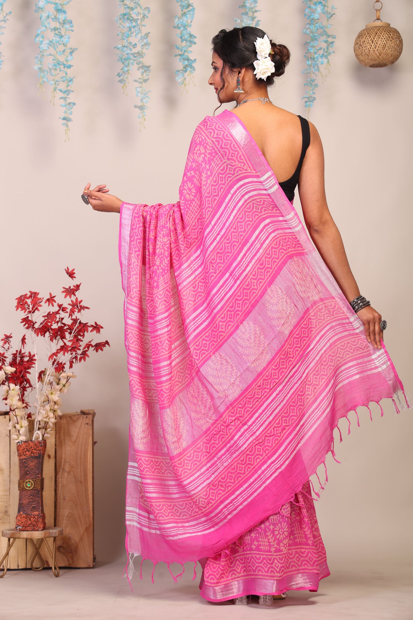 Anuttara Bhagalpuri Pink Cotton Linen Hand Block Saree with Blouse_AFS1105-FS