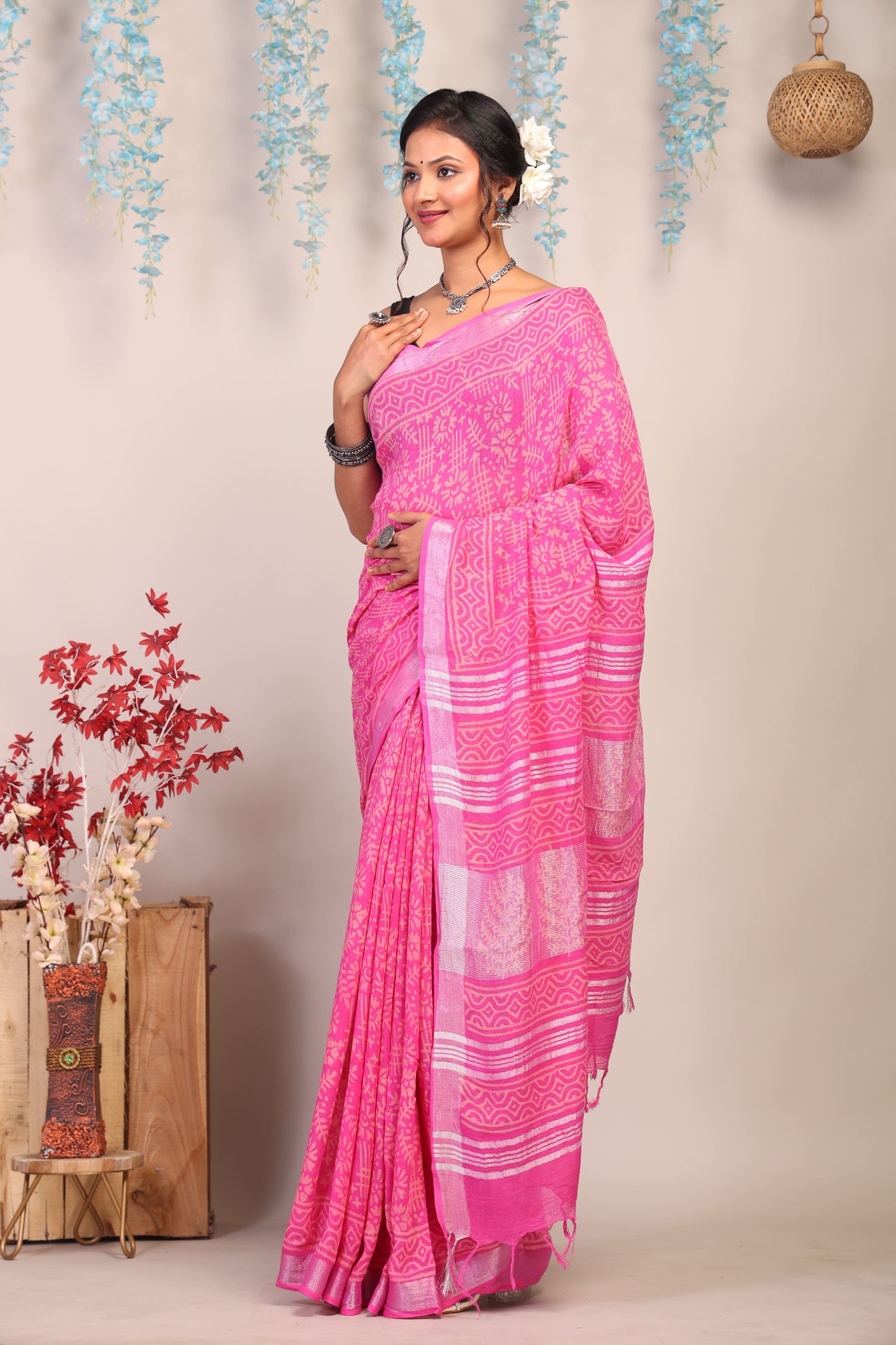 Anuttara Bhagalpuri Pink Cotton Linen Hand Block Saree with Blouse_AFS1105-FS