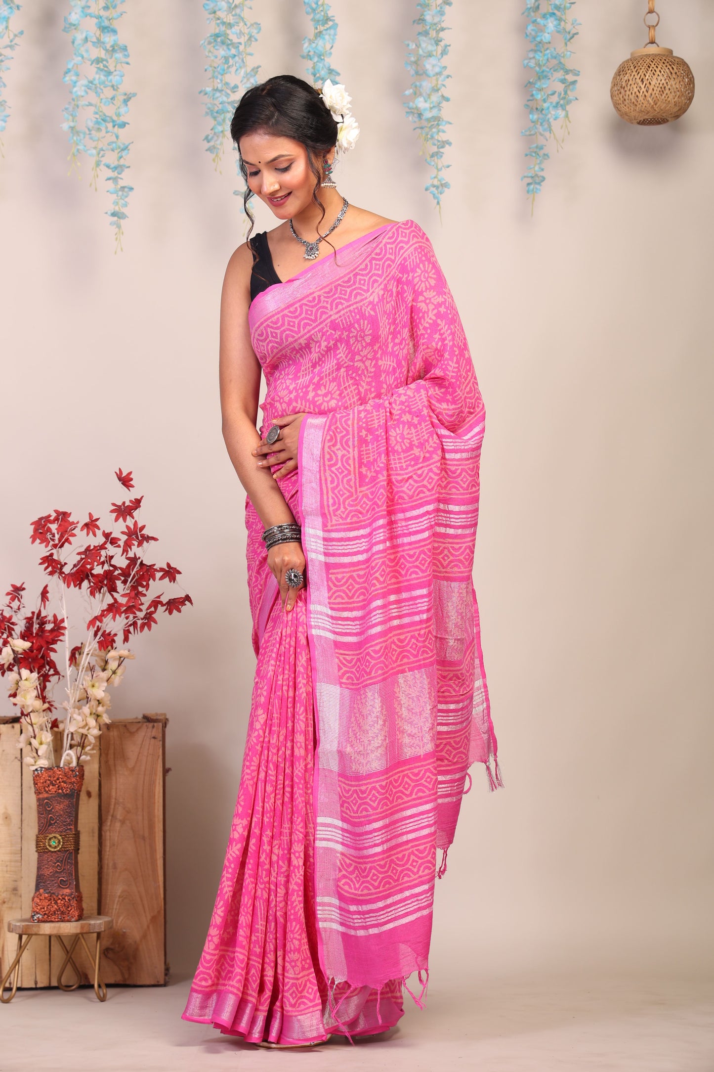 Anuttara Bhagalpuri Pink Cotton Linen Hand Block Saree with Blouse_AFS1105-FS